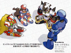 1girl 3boys armor black_hat blue_armor blue_dress blue_helmet chest_jewel colonel_(mega_man) dress forehead_jewel group_picture hat helmet iris_(mega_man) kneeling mega_man_(series) mega_man_x4 mega_man_x_(series) multiple_boys red_armor red_dress red_hat red_helmet standing x_(mega_man) yamanashi_taiki zero_(mega_man) 