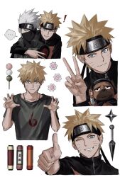  ! ... 2boys :3 blonde_hair blue_eyes dog facial_mark flak_jacket forehead_protector hatake_kakashi highres jacket kunai looking_at_viewer male_focus mask mouth_mask multiple_boys multiple_views naruto_(series) one_eye_closed pakkun_(naruto) paw_pose short_hair shuriken simple_background spiky_hair spoken_ellipsis sso_s thumbs_up translation_request upper_body uzumaki_naruto v weapon whisker_markings white_background white_hair 