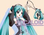  detached_sleeves hands_on_headphones hatsune_miku headphones microphone microphone_stand singing thighhighs twintails very_long_hair vocaloid wallpaper 
