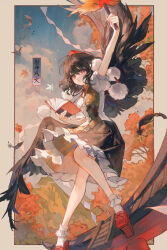  bad_source bare_legs black_dress black_hair black_wings blue_sky clouds cloudy_sky dress feathered_wings hat highres leaf maccha_(mochancc) maple_leaf maple_tree red_eyes shameimaru_aya short_hair sky socks torii touhou tree white_socks wings 