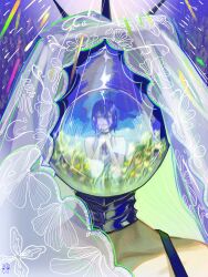  1girl absurdres blue_hair bomb_devil_(chainsaw_man) chainsaw_man charliehero flower hair_between_eyes highres holding holding_flower object_head reflection reze_(chainsaw_man) see-through_clothes see-through_veil shirt sleeveless sleeveless_shirt veil white_flower 