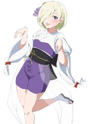  1girl :p absurdres asa_no_ha_(pattern) blonde_hair breasts commentary foot_out_of_frame ghost_pose hair_over_one_eye highres japanese_clothes kimono leg_up looking_at_viewer love_live! love_live!_nijigasaki_high_school_idol_club mia_taylor nijigaku_hyakkiyakou official_alternate_costume one_eye_covered sandals short_hair simple_background small_breasts smile solo tabi tongue tongue_out uchuu_no_mozuku unmoving_pattern violet_eyes white_background white_kimono zouri 