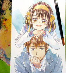  1boy 1girl agahari art_brush art_tools_in_frame blazer blue_jacket blue_sailor_collar brown_eyes brown_hair closed_mouth collared_shirt commentary_request hair_ribbon hairband hand_on_another&#039;s_head hand_up hands_up jacket kita_high_school_uniform kyon lapels open_clothes open_jacket open_mouth own_hands_together paintbrush painting_(medium) photo_(medium) ribbon sailor_collar school_uniform serafuku shirt short_hair smile suzumiya_haruhi suzumiya_haruhi_no_yuuutsu traditional_media white_shirt winter_uniform yellow_hairband yellow_ribbon 