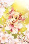  :d cherry_blossoms dress fairy_wings flower grass happy multicolored_hair open_mouth original outstretched_arms outstretched_hand personification petals pink_hair short_hair smile solo spring_(season) tachitsu_teto tatetsu_teto twintails two-tone_hair wings yellow_eyes 