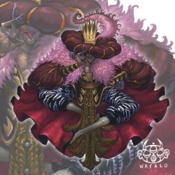  1boy absurdres acrylic_paint_(medium) alternate_costume armlet artist_logo beret black_jacket black_pants blonde_hair blue_nails cape coat crown donquixote_doflamingo earrings english_commentary fingernails gold_armlet grin hat hat_feather highres jacket jewelry logo long_fingernails long_sleeves male_focus muscular muscular_male one_piece open_clothes open_jacket oversized_clothes painting_(medium) pants pink_coat puffy_long_sleeves puffy_sleeves red_cape short_hair smile solo teeth traditional_media two-tone_pants wafalo zoom_layer 