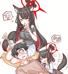  1boy 2girls absurdres aged_up alternate_costume animal_ears black_hair blue_archive child couple doodle_sensei_(blue_archive) family father_and_daughter fox_ears fox_girl fox_tail halo happy hetero highres husband_and_wife if_they_mated long_hair lying_on_lap mother_and_daughter multicolored_hair multiple_girls peroronti red_hair red_halo sensei_(blue_archive) short_hair simple_background sleeping tail two-tone_hair wakamo_(blue_archive) white_background yellow_eyes 