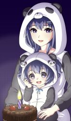  2girls absurdres animal_costume animal_ears animal_hood azuracub cake candle child food hair_ornament hair_through_hood hairclip highres holding hood hood_up hooded_pajamas indie_virtual_youtuber looking_at_viewer mattwilliamson9 mother_and_child multiple_girls on_lap onesie pajamas panda panda_costume panda_ears panda_hair_ornament panda_hood parallel_hairclips purple_hair short_twintails sitting sitting_on_lap sitting_on_person smile twintails violet_eyes virtual_youtuber 