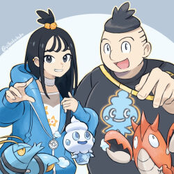  1boy 1girl ;d black_hair blue_hoodie choker clauncher commentary_request corphish cube_hair_ornament grin hair_ornament hand_up hands_up hood hood_down hoodie lida_(pokemon) long_hair looking_at_viewer one_eye_closed open_mouth pokemon pokemon_(creature) pokemon_legends:_z-a pokemon_xy print_shirt shirt sidelocks smile strap teeth tierno_(pokemon) tongue topknot vanillite white_choker yibuzhai 