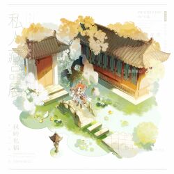  1boy 1girl :d absurdres ahoge architecture autumn_leaves bird black_boots black_dress black_robe blue_eyes boots bridge brown_eyes brown_hair building bush butterfly_hair_ornament cape carrying chibi chibi_only chinese_commentary commission curtained_hair dress duck east_asian_architecture female_master_(the_tale_of_food) flower from_above full_body fur-trimmed_cape fur_trim gate hair_ornament half_updo highres holding holding_flower isometric leaf lily_pad long_sleeves medium_hair orange_hair pants parted_bangs peking_duck_(the_tale_of_food) ponytail princess_carry procreate_(medium) purple_ribbon railing red_flower ribbon robe rock rockery sash short_ponytail shuling smile standing stepping_stones stone_lantern the_tale_of_food tree two-tone_dress two_side_up waist_sash water water_lily_flower white_background white_boots white_cape white_dress white_flower white_pants xiao_guan_(headdress) 