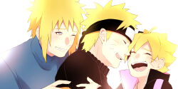  3boys ahoge black_headband blonde_hair blue_eyes boruto:_naruto_next_generations closed_eyes commentary_request facial_mark father_and_son forehead_protector grandfather_and_grandson grin headband male_focus multiple_boys namikaze_minato naruto_(series) naruto_shippuuden one_eye_closed open_mouth smile time_paradox toco_(love-hmhm-tocotoco) uzumaki_boruto uzumaki_naruto whisker_markings 