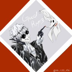  2boys black_crown crown diamond_hairband gloves highres jacket long_sleeves looking_at_viewer male_focus missing_tooth multiple_boys pinstripe_jacket pinstripe_pattern pinstripe_suit pinstripe_vest rai_cos_rai round_eyewear short_hair skeleton_print skully_j._graves smile striped_clothes striped_jacket striped_vest suit sunglasses the_nightmare_before_christmas twisted_wonderland vertical-striped_clothes vertical-striped_vest vest white_hair zero_(nbc) 