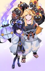  1boy 1girl :&lt; belt belt_buckle black_dress black_gloves black_hair black_pantyhose black_shirt black_shoes blonde_hair blunt_bangs bob_cut brother_and_sister buckle chandelure closed_mouth coat dress elbow_gloves falinks full_body gapamopa gloves gradient_hair gradient_pantyhose gwynn_(pokemon) hat highres ivor_(pokemon) long_hair long_sleeves looking_at_viewer mole mole_under_mouth multicolored_hair o-ring o-ring_belt open_clothes open_coat pants pantyhose partially_fingerless_gloves pokemon pokemon_(creature) pokemon_legends:_z-a purple_gloves purple_hair purple_pantyhose red_eyes sandals shirt shoes short_hair siblings single_elbow_glove sleeveless sleeveless_shirt smile standing steepled_fingers violet_eyes white_coat white_pants wide_sleeves 