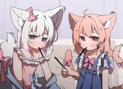  2girls absurdres ahoge animal_ear_fluff animal_ears blue_bow blue_dress blue_eyes blue_jacket bow brown_eyes brown_hair camisole dress dress_bow flat_chest food food_in_mouth fox_ears fox_girl fox_tail frilled_camisole frilled_dress frills hair_bow highres holding holding_food holding_pocky jacket medium_hair moepu. motion_lines mouth_hold multiple_girls multiple_tails open_clothes open_jacket original pink_bow pink_camisole pocky pocky_in_mouth short_sleeves sound_effects strap_slip tail tail_bow tail_ornament two_tails white_hair 