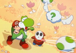  1boy ? baby baby_mario boots commentary egg flower flying_sweatdrops hanaon hat highres male_focus mario open_mouth red_boots red_hat riding shy_guy super_mario_bros. super_mario_world_2:_yoshi&#039;s_island symbol-only_commentary throwing twitter_username yoshi yoshi_egg 