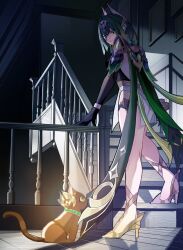  1girl ancient_egyptian_clothes animal brown_cat cat cat_tail claw_ring dendro_symbol_(genshin_impact) eye_tattoo fake_claws finger_claws genshin_impact green_hair green_streaks headpiece highres looking_at_animal mark_under_eye nefer_(genshin_impact) snake_girl symbol-shaped_pupils tail tattoo triangle-shaped_pupils usekh_collar viviwi 