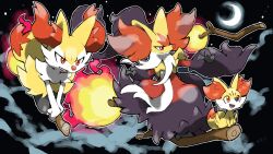  animal_ear_fluff blacknirrow braixen closed_mouth clouds commentary crescent_moon delphox evolutionary_line fangs fennekin fire highres mega_delphox mega_pokemon moon night open_mouth orange_eyes outline pokemon pokemon_(creature) pokemon_focus riding smile star_(sky) stick white_outline 