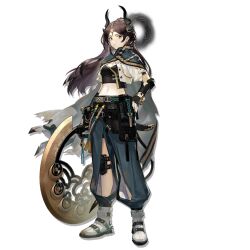  1girl arknights brown_hair five-fall freckles full_body halo halo_behind_head highres horns jieyun_(arknights) official_art simple_background solo standing tachi-e third-party_source transparent_background 