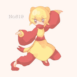  1girl blonde_hair commentary_request covered_mouth double_bun dress flats full_body hair_between_eyes hair_bun highres kung_fu mienfoo okojyonote outstretched_arms personification pokedex_number pokemon puffy_sleeves short_hair simple_background sleeves_past_wrists solo spread_arms thick_eyebrows yellow_dress 