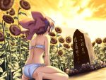  back bandeau barefoot bikini bow cloud flower from_behind game_cg hair_bow kneeling leaf mikage_sakuya milkyway milkyway_3 o-ring_bikini o-ring_bottom o-ring_top on_ground outdoors payot purple_hair ribbon ribbons rose senomoto_hisashi short_hair sky soles solo spread_legs stone_marker sunflower sunset swimsuit translated white_bikini 