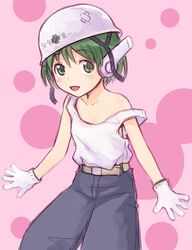  camisole face gloves green_eyes green_hair ha-ru helmet multi robot_ears short_hair strap_slip tank_top to_heart worker 