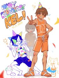  2025 3boys :d ;d aged_down animal arms_at_sides bare_arms bare_legs bare_shoulders barefoot blue_hair blue_shorts blurry blurry_background blurry_foreground bottle bright_pupils brown_eyes brown_hair buttons cactus character_name checkered_clothes checkered_shirt closed_mouth collared_shirt colored_skin commentary confetti contrapposto corrupted_twitter_file covered_eyes cross-eyed dark-skinned_male dark_skin dated dog dot_nose double-parted_bangs double_v drawstring empty_eyes english_commentary facing_viewer fingernails foreshortening frown full_body grin gyaru_v hair_behind_ear hair_between_eyes hand_up hands_up happy_birthday hat hector_(omori) highres iomor_snuuy kel_(faraway)_(omori) kel_(headspace)_(omori) kel_(omori) leg_hair looking_at_viewer male_focus midriff_peek multiple_boys multiple_persona navel notice_lines omori one_eye_closed orange_joe_(omori) orange_shirt orange_shoes orange_shorts orange_tank_top plant potted_plant rock shadow shirt shoelaces shoes short_hair short_sleeves shorts simple_background sleeveless sleeveless_shirt smile standing star_(symbol) tank_top toenails toes toned toned_male v v-shaped_eyebrows white_background white_pupils white_skin 
