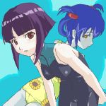  bangs blue_hair blunt_bangs blush bob_cut bodysuit brown_eyes ester_ein_astrada flower hair_ornament hairclip higashihara_megumi kenran_butoh_sai kenran_butou_sai leaning_forward looking_back lowres megumi multiple_girls oekaki one-piece_swimsuit payot purple_hair school_swimsuit shimano_natsume short_hair short_twintails sunflower swimsuit turtleneck twintails yellow_eyes 