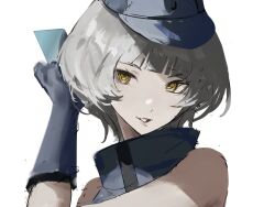  1girl bare_shoulders blue_card blue_gloves blue_hat blue_shirt blunt_bangs card elizabeth_(persona) gloves hand_up hat high_collar highres holding holding_card k1kiwa looking_at_viewer parted_lips persona persona_3 portrait shirt short_hair simple_background sleeveless sleeveless_shirt smile solo white_background white_hair yellow_eyes 