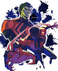  1boy animal_print arm_blade black_hair blue_bodysuit blue_mask bodysuit claws cloumello commentary dark-skinned_male dark_skin hair_slicked_back hashtag-only_commentary highres looking_at_viewer male_focus marvel miguel_o&#039;hara multicolored_bodysuit multiple_views muscular muscular_male print_bodysuit red_bodysuit red_eyes short_hair spider-man:_across_the_spider-verse spider-man_(2099) spider-man_(series) spider-verse spider_print superhero_costume thick_eyebrows two-tone_bodysuit weapon 