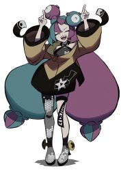  1girl :d big_hair blue_hair blunt_sidelocks boots bow-shaped_hair character_hair_ornament closed_eyes dancing full_body grey_boots hair_ornament hexagon_print highres ida_(idalol490) internet_yamero iono_(pokemon) jacket long_hair long_sleeves low-tied_long_hair multicolored_hair needy_girl_overdose open_mouth oversized_clothes pink_hair pointing pointing_up pokemon pokemon_sv sharp_teeth shirt sidelocks single_leg_pantyhose sleeveless sleeveless_shirt smile solo standing teeth twintails two-tone_hair very_long_hair yellow_jacket 