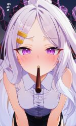  1girl bare_shoulders belt black_horns blue_archive blush bow breasts collared_shirt commentary food food_in_mouth gradient_background grey_background hair_bow hair_ornament hair_over_shoulder heart highres hina_(blue_archive) horns karaage_(xxxmido02) multicolored_horns parted_bangs pink_horns pocky pocky_in_mouth pocky_kiss shirt side_slit skirt sleeveless sleeveless_shirt small_breasts solo sweat violet_eyes 