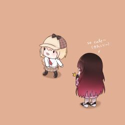  2girls :d ^^^ afterimage black_bow black_gloves black_hair black_pantyhose black_shoes blonde_hair bow brown_background brown_hair brown_hat brown_skirt chibi commentary deerstalker english_commentary english_text fong_(fongthe0125) fortnite gloves gradient_hair hat highres hololive hololive_english hood hoodie long_sleeves multicolored_hair multiple_girls necktie pantyhose pink_hoodie puffy_long_sleeves puffy_sleeves red_necktie roboco-san roboco-san_(hoodie) shadow shirt shoes simple_background skirt smile solid_oval_eyes standing translation_request virtual_youtuber watson_amelia watson_amelia_(1st_costume) white_shirt 