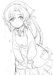  1girl apron bandana collared_shirt fuji_(pixiv24804665) highres kantai_collection lineart long_hair looking_at_viewer monochrome nankai_(kancolle) nosaki_(kancolle) pleated_skirt shirt side_ponytail skirt solo v_arms 