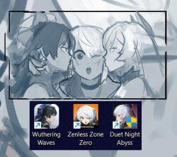  3girls anby_demara bangs_pinned_back berenica_(duet_night_abyss) beret black_hair blue_hat bow commentary gloves hair_intakes half_gloves hat hat_bow imminent_kiss lennykaise long_hair multiple_girls one_eye_closed open_mouth single_half_glove symbol-only_commentary tacet_mark_(wuthering_waves) white_hair yangyang_(wuthering_waves) zenless_zone_zero 