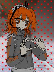  1girl a.i._voice adachi_rei alternate_costume android grey_jacket hashtag-only_commentary headset heart heart_background heart_hands high_collar highres jacket jersey_maid joints long_sleeves maid maid_headdress medium_hair one_side_up orange_eyes own_hands_together robot_joints solo track_jacket unconventional_maid upper_body utau yume_hapi_(donndmwjajsiev) zipper 