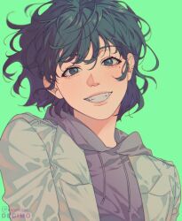  1girl :d aegyo_sal black_eyes black_hair green_theme grey_jacket hair_between_eyes han_sooyoung hashtag-only_commentary highres hood hood_down hoodie jacket looking_at_viewer messy_hair mole mole_under_eye nadardoh omniscient_reader&#039;s_viewpoint open_clothes open_jacket purple_hoodie short_hair sidelocks smile solo upper_body wind 