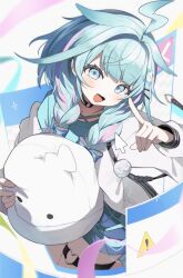  1girl :d absurdres ahoge blue_eyes blue_hair blue_shorts braid choker cursor fang heart heart_o-ring highres hololive hololive_dev_is jacket long_hair long_sleeves looking_at_viewer mizumiya_su o-ring o-ring_choker o-ring_thigh_strap pink_streaks pom_pom_(clothes) shorts smile solo thigh_strap twin_braids virtual_youtuber white_jacket window_(computing) yanoyu 