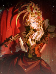  1girl bead_necklace beads black_choker black_gloves blonde_hair blue_eyes braid choker cowboy_shot crown curtains dress echoed_dreams_(infinity_nikki) flower frilled_sleeves frills gloves gold_crown gown hair_flower hair_ornament hair_over_shoulder hand_on_own_chest highres holding holding_paintbrush indoors infinity_nikki jewelry lace lace_choker light_particles lipstick long_dress long_hair long_sleeves looking_at_viewer makeup makino_gengetsu necklace nikki_(series) official_alternate_color open_mouth paintbrush red_dress red_flower red_lips red_rose ringlets rose shadow single_braid smile solo square_neckline victorian white_flower white_rose yellow_flower yellow_rose 
