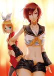  bad_id blush cosplay costume_switch ihara_natsume kagamine_rin kagamine_rin_(cosplay) meiko meiko_(cosplay) midriff multiple_girls navel oversized_clothes shorts undersized_clothes vocaloid wide_hips 