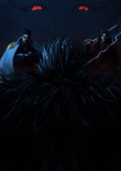  1other 3boys absurdres artist_name black_hair cape closed_mouth coat coat_on_shoulders confrontation cracking_knuckles crain1art embers eye_trail facial_hair fur_cape glowing glowing_eyes gol_d._roger haki_(one_piece) highres holding holding_sword holding_weapon imu_(one_piece) instagram_logo instagram_username light_trail medium_hair monkey_d._garp multiple_boys one_piece open_mouth own_hands_together red_coat red_eyes ringed_eyes rocks_d._xebec short_hair stubble sword teeth twitter_logo twitter_username weapon white_coat white_hair 