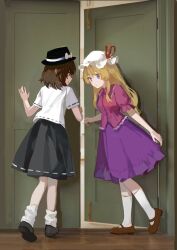  2girls aliaos black_hat black_shoes black_skirt blonde_hair bow brown_eyes brown_hair brown_shoes door frills hair_between_eyes hat hat_bow hat_ribbon highres long_hair maribel_hearn mob_cap multiple_girls open_mouth opening_door pink_shirt puffy_short_sleeves puffy_sleeves purple_skirt red_ribbon ribbon shirt shoes short_hair short_sleeves skirt socks taboo_japan_disentanglement touhou usami_renko violet_eyes walking white_bow white_shirt white_socks 