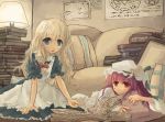  ahoge blonde_hair blue_eyes book bow couch hair_bow kirisame_marisa lamp multiple_girls no_hat no_headwear open_book patchouli_knowledge pointing purple_hair red_eyes tes tes_(unpre) touhou 