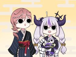  ! 2girls :d bell black_kimono brown_background character_print chibi commentary demon_horns egasumi english_commentary feathered_wings fong_(fongthe0125) grey_hair hair_bell hair_between_eyes hair_ornament hands_on_own_hips head_wings highres hololive horns japanese_clothes jingle_bell kimono la+_darknesss la+_darknesss_(new_year) long_hair long_sleeves multicolored_hair multiple_girls obi pink_wings print_kimono purple_hair sash short_eyebrows simple_background sleeves_past_fingers sleeves_past_wrists smile streaked_hair takane_lui takane_lui_(new_year) thick_eyebrows twintails v-shaped_eyebrows very_long_hair virtual_youtuber white_kimono wide_sleeves wings 