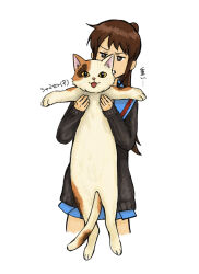 1girl animal black_cardigan blue_sailor_collar blue_skirt calico_(pattern) calico_cat cardigan cat commentary_request genderswap genderswap_(mtf) highres holding holding_animal holding_cat kita_high_school_uniform kyonko long_hair long_sleeves looking_at_animal looking_at_viewer nuka_(wrdn3774) ponytail sailor_collar school_uniform serafuku shamisen_(suzumiya_haruhi) simple_background skirt standing suzumiya_haruhi_no_yuuutsu translation_request white_background winter_uniform