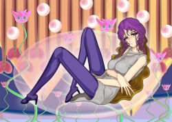  1girl bare_shoulders blue_pantyhose blush breasts brown_hair dress fingernails flower from_side gradient_hair grey_dress high_heels hijiri_byakuren kams large_breasts light_smile long_fingernails long_hair looking_at_viewer multicolored_hair nose_blush pantyhose purple_hair touhou very_long_hair wavy_hair 