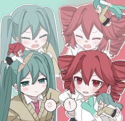  >_< 2girls anger_vein aqua_eyes aqua_hair aqua_necktie black_skirt blush bread breasts check_commentary collarbone collared_shirt commentary commentary_request drill_hair food grey_shirt hair_between_eyes hatsune_miku highres holding holding_food kasane_teto long_hair long_sleeves looking_at_viewer multiple_girls necktie open_mouth pleated_skirt red_eyes red_hair red_necktie shirt skirt small_breasts smile speech_bubble spring_onion translation_request twin_drills twintails upper_body utau very_long_hair vocaloid yukia_1128 