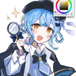  1girl art_program_in_frame black_capelet black_hat blue_hair blue_necktie braid braided_hair_rings capelet detective hair_rings hand_up hashtag-only_commentary hat hentai-chan_(egg_oshiri) holding holding_magnifying_glass long_sleeves looking_at_viewer magnifying_glass mahou_shoujo_no_majo_saiban necktie open_mouth short_hair simple_background smile solo sparkle tachibana_sherry upper_body white_background yellow_eyes 