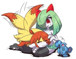  2girls =_= @_@ afterimage animal_ear_fluff animal_ears animal_nose artist_name azurill black_fur black_thighhighs blush body_fur braixen closed_eyes closed_mouth commentary crack dress english_commentary flat_chest fox_ears fox_girl fox_tail furry furry_female gradient_hair green_hair hair_over_one_eye happy kirlia kneeling lap_pillow light_blush long_hair long_sleeves looking_at_another motion_lines multicolored_fur multicolored_hair multiple_girls one_eye_covered open_mouth patreon_logo patreon_username pokemon pokemon_(creature) raised_eyebrows red_eyes red_hair rilex_lenov seiza short_dress short_hair sidelocks simple_background sitting smile sweat tail tail_wagging thigh-highs trembling watermark wavy_mouth white_background white_dress white_fur yellow_fur 