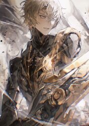  1boy absurdres armor blonde_hair blurry blurry_background chinese_commentary chromatic_aberration commentary cyborg debris diffraction_spikes earpiece gold_armor gold_weapon hair_between_eyes highres holding holding_weapon horns kamui_(pgr) lens_flare male_focus mechabare punishing:_gray_raven short_hair single_horn solo upper_body violet_eyes weapon zhouliang48183 