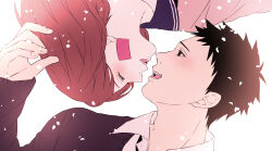  1boy 1girl back black_eyes black_hair brown_hair closed_eyes commentary_request facial_tattoo highres naruto_(series) naruto_shippuuden nohara_rin open_mouth school_uniform serafuku sleeves_past_wrists smile tattoo toco_(love-hmhm-tocotoco) uchiha_obito 