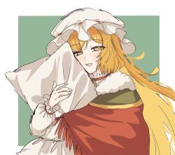  1girl border christmas_nightmare_(e.g.o) e.g.o_(project_moon) freckles frilled_hat frills fur-trimmed_shawl fur_trim hat highres holding holding_pillow hugging_object ishmael_(project_moon) limbus_company long_hair long_sleeves looking_at_viewer mob_cap open_mouth orange_hair outside_border pillow pillow_hug project_moon shawl simple_background smile solo upper_body very_long_hair white_border white_hat xxed_h 